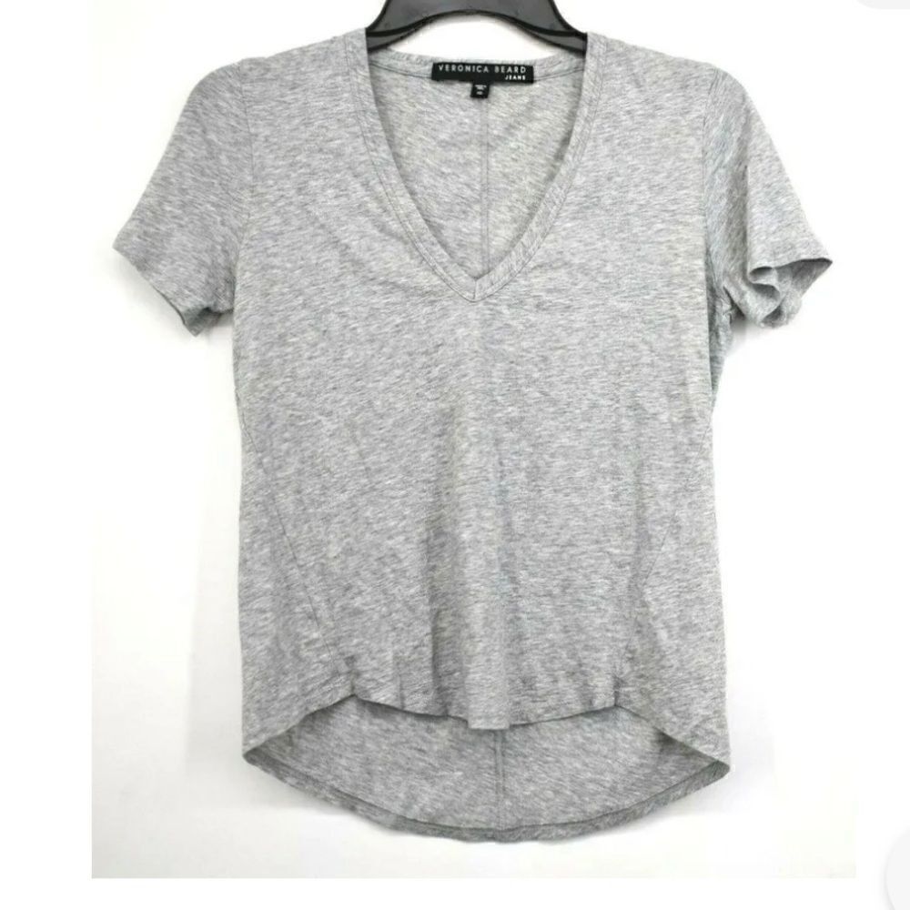 Veronica Beard Womens Cindy V Neck T Shirt Sleeves Heather Grey Cotton NWT
